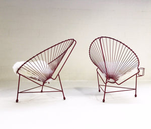 Red Metal Papasan Chairs with Sheepskin Cushions