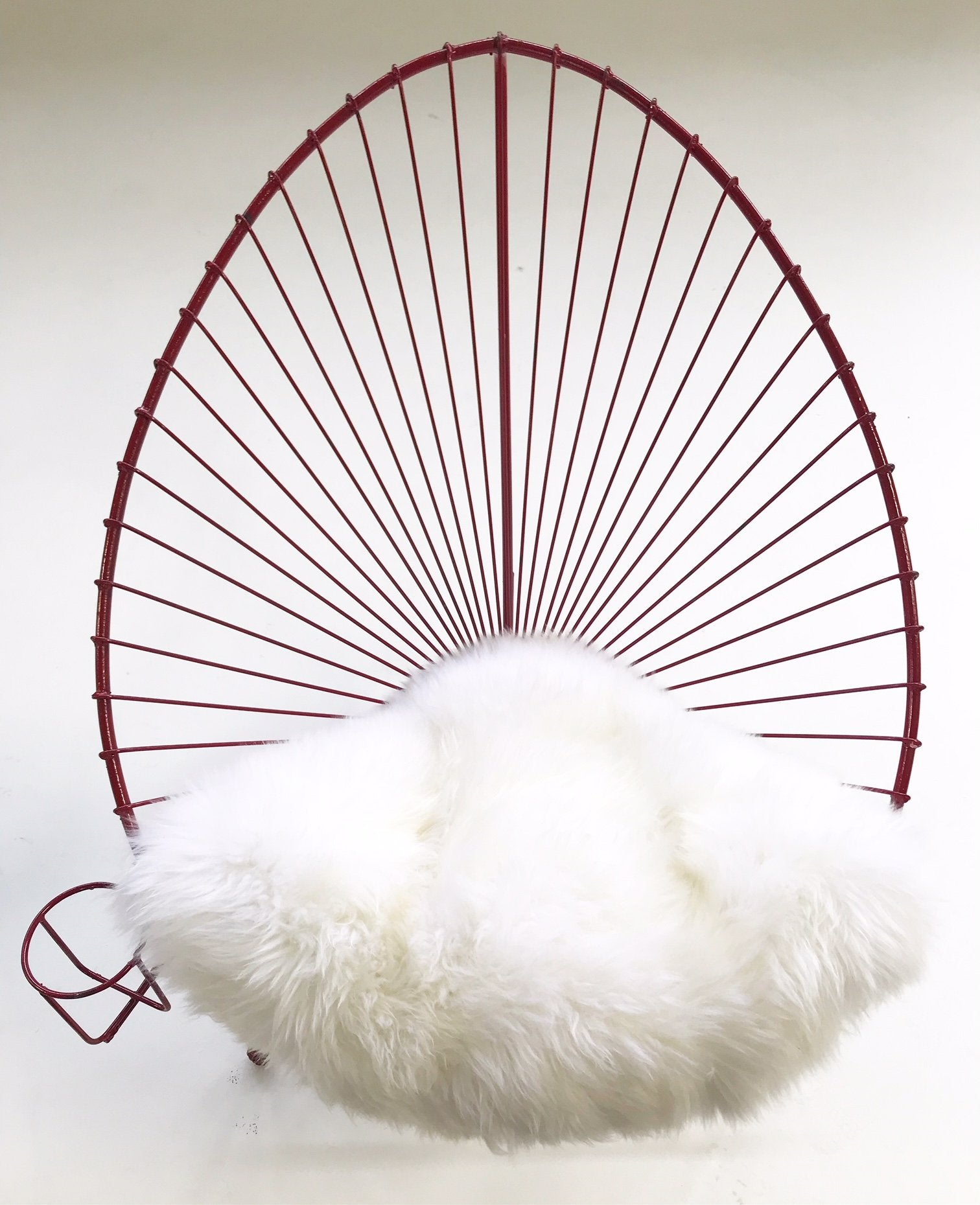 Red Metal Papasan Chairs with Sheepskin Cushions