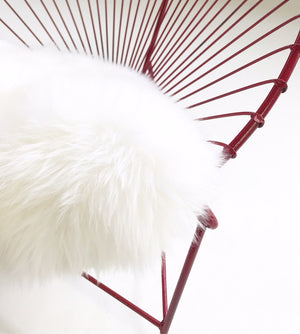 Red Metal Papasan Chairs with Sheepskin Cushions