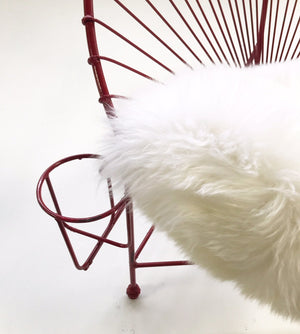Red Metal Papasan Chairs with Sheepskin Cushions
