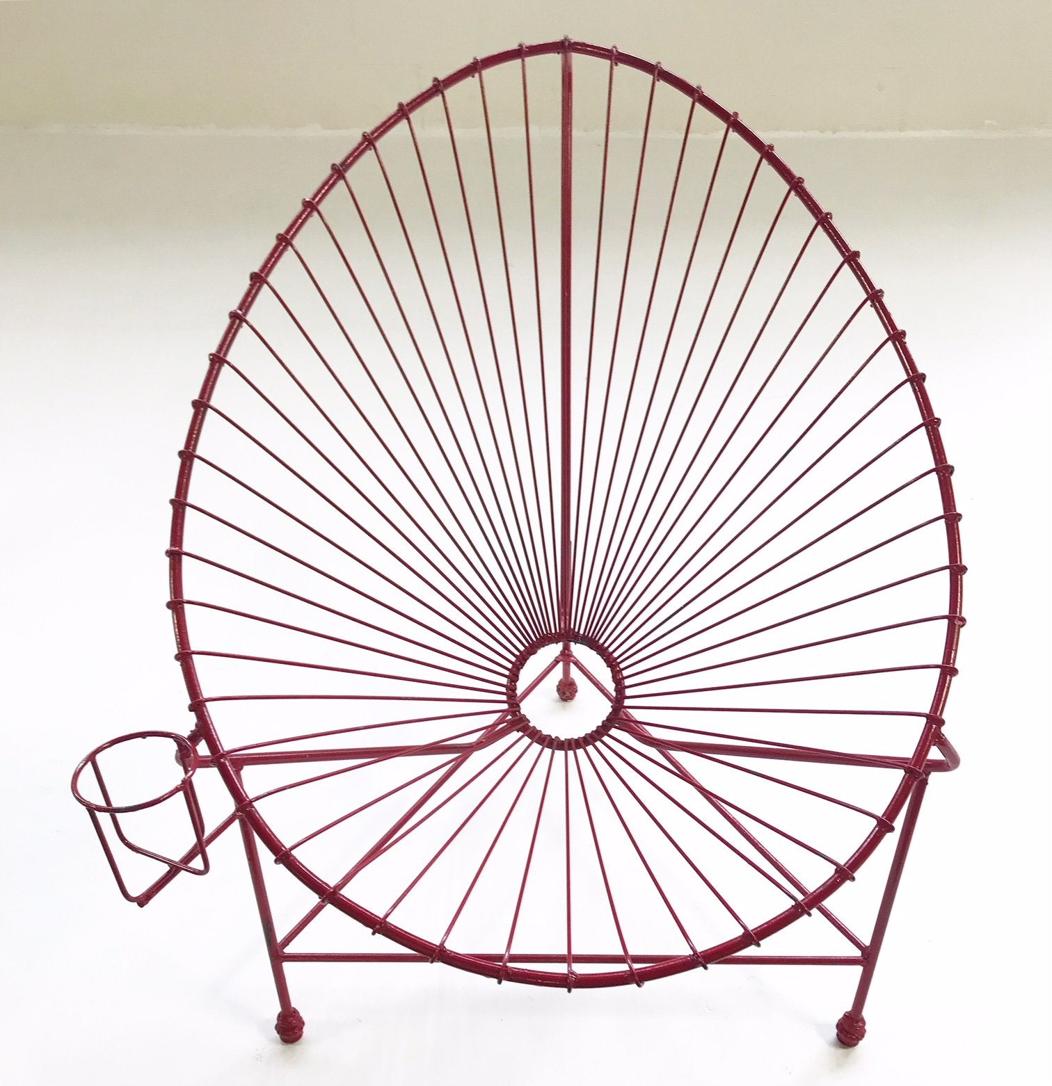 Red Metal Papasan Chairs with Sheepskin Cushions