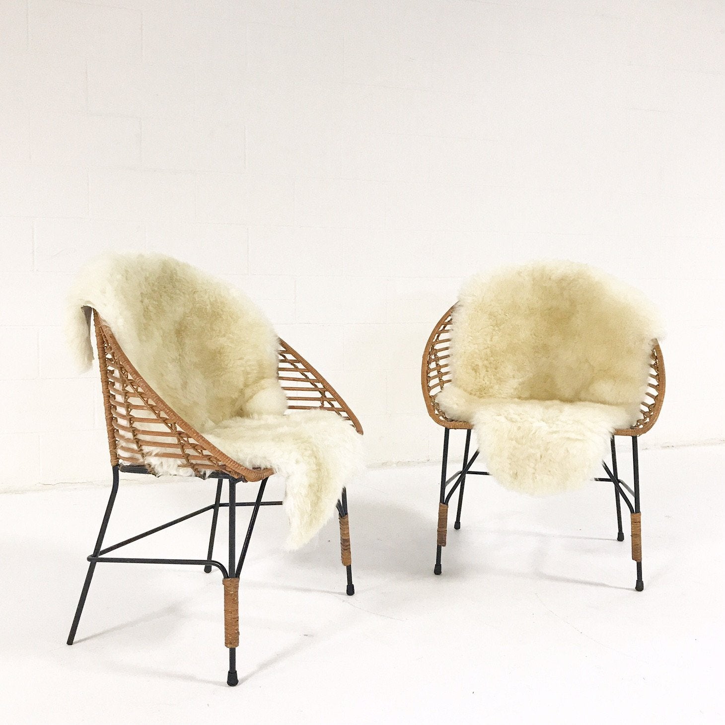 Mid-Century Iron and Rattan Chairs with Brazilian Sheepskins