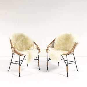 Mid-Century Iron and Rattan Chairs with Brazilian Sheepskins