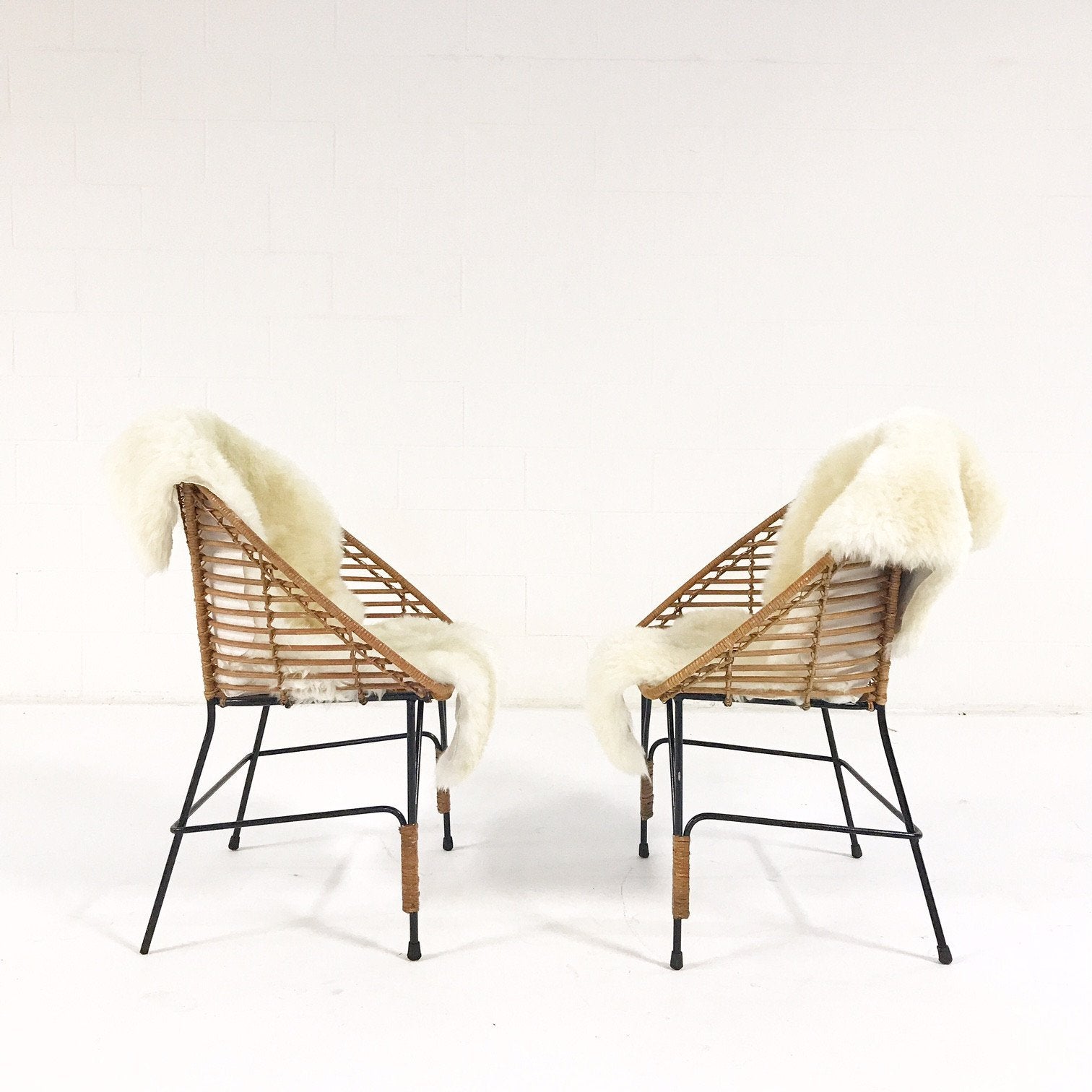 Mid-Century Iron and Rattan Chairs with Brazilian Sheepskins