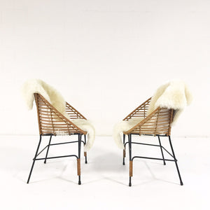 Mid-Century Iron and Rattan Chairs with Brazilian Sheepskins