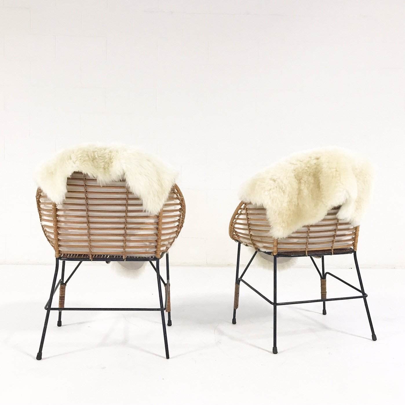 Mid-Century Iron and Rattan Chairs with Brazilian Sheepskins