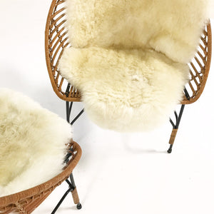 Mid-Century Iron and Rattan Chairs with Brazilian Sheepskins