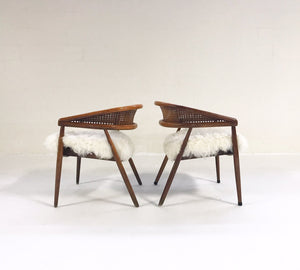 Caned Back Armchairs in Brazilian Sheepskin