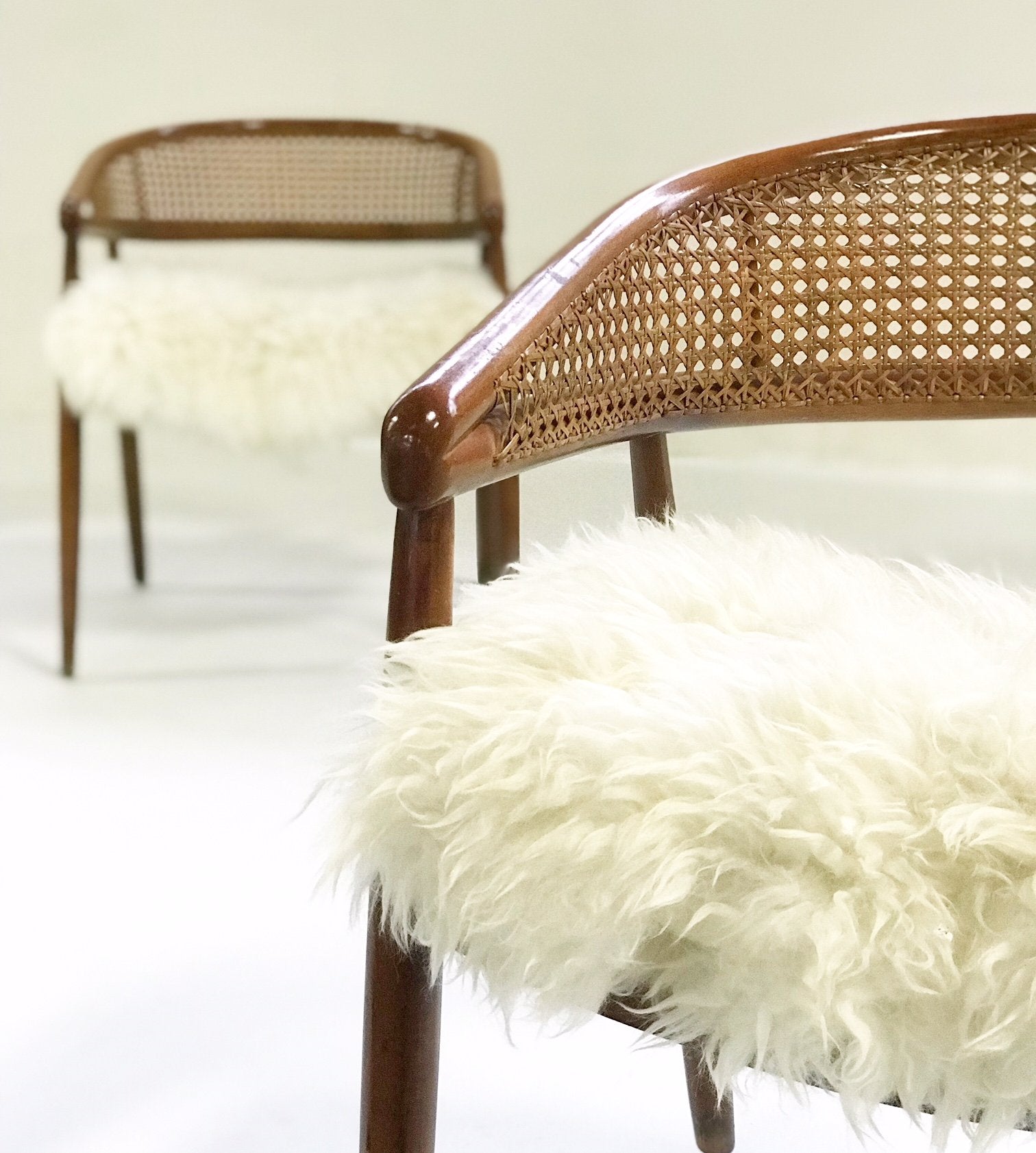 Caned Back Armchairs in Brazilian Sheepskin