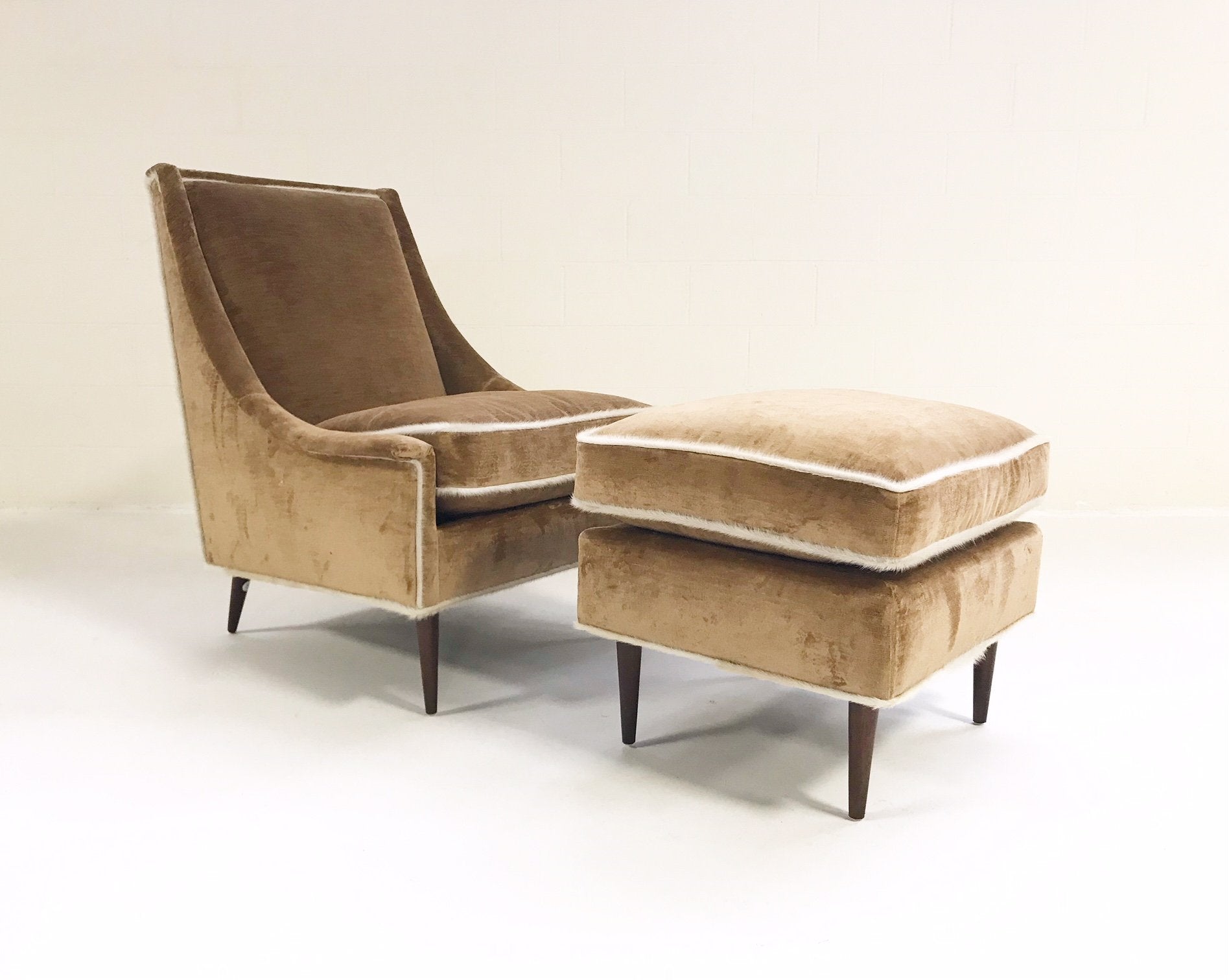Milo Baughman Lounge Chair and Ottoman in Ralph Lauren Caramel Linen Velvet with Brazilian Cowhide Welting