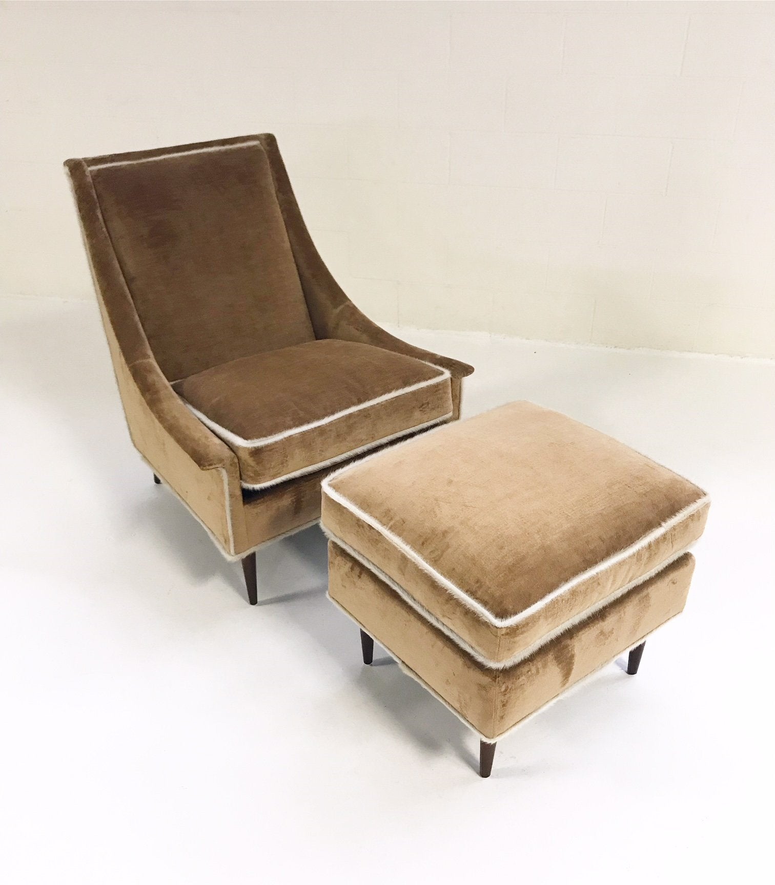 Milo Baughman Lounge Chair and Ottoman in Ralph Lauren Caramel Linen Velvet with Brazilian Cowhide Welting