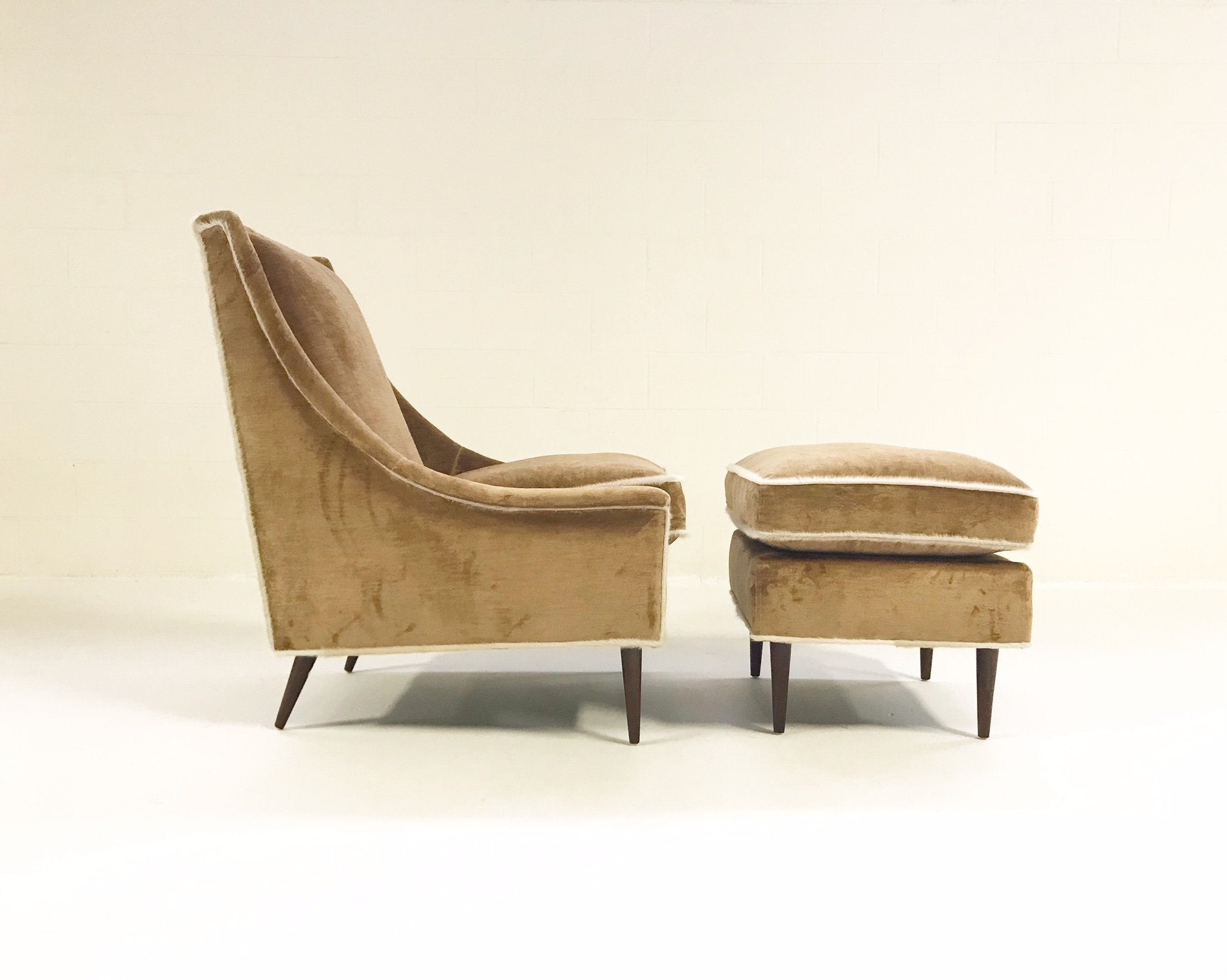 Milo Baughman Lounge Chair and Ottoman in Ralph Lauren Caramel Linen Velvet with Brazilian Cowhide Welting