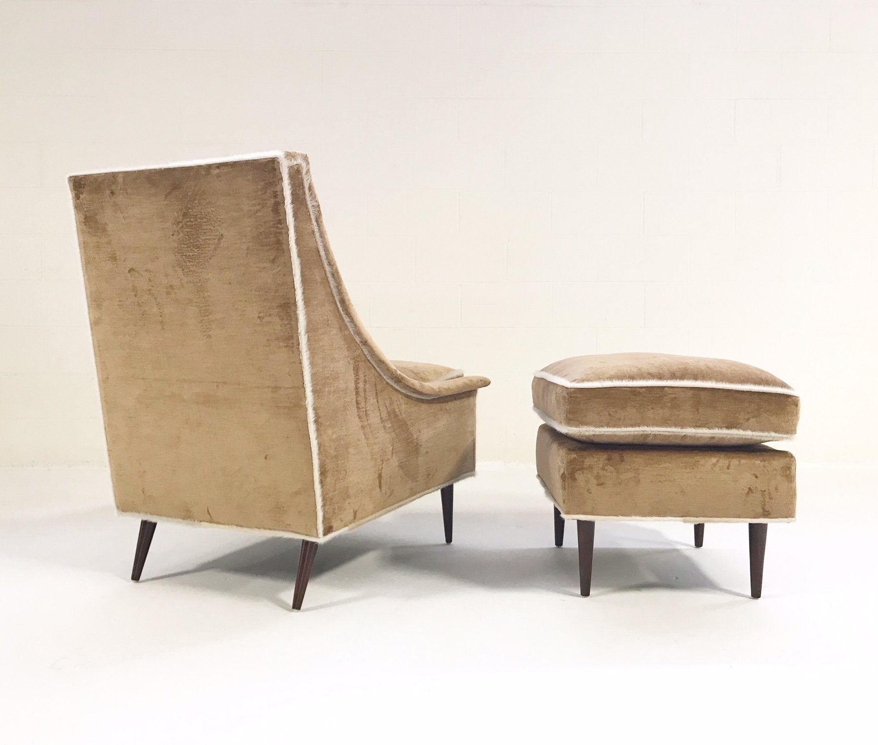 Milo Baughman Lounge Chair and Ottoman in Ralph Lauren Caramel Linen Velvet with Brazilian Cowhide Welting