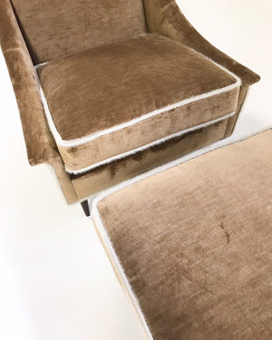 Milo Baughman Lounge Chair and Ottoman in Ralph Lauren Caramel Linen Velvet with Brazilian Cowhide Welting