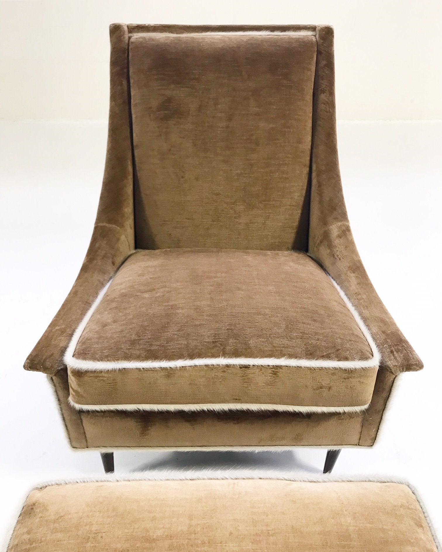 Milo Baughman Lounge Chair and Ottoman in Ralph Lauren Caramel Linen Velvet with Brazilian Cowhide Welting