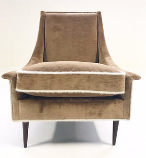 Milo Baughman Lounge Chair and Ottoman in Ralph Lauren Caramel Linen Velvet with Brazilian Cowhide Welting