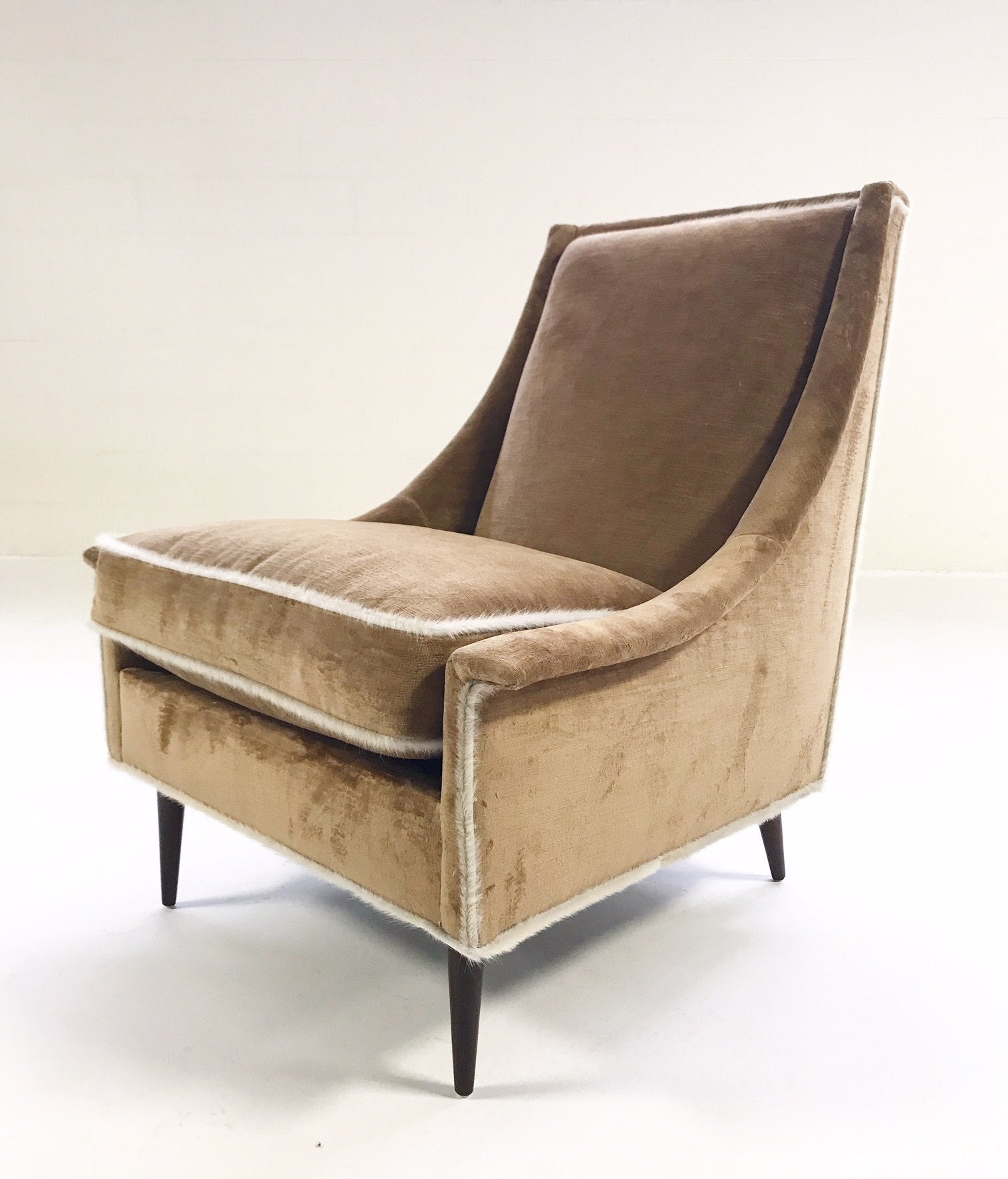Milo Baughman Lounge Chair and Ottoman in Ralph Lauren Caramel Linen Velvet with Brazilian Cowhide Welting