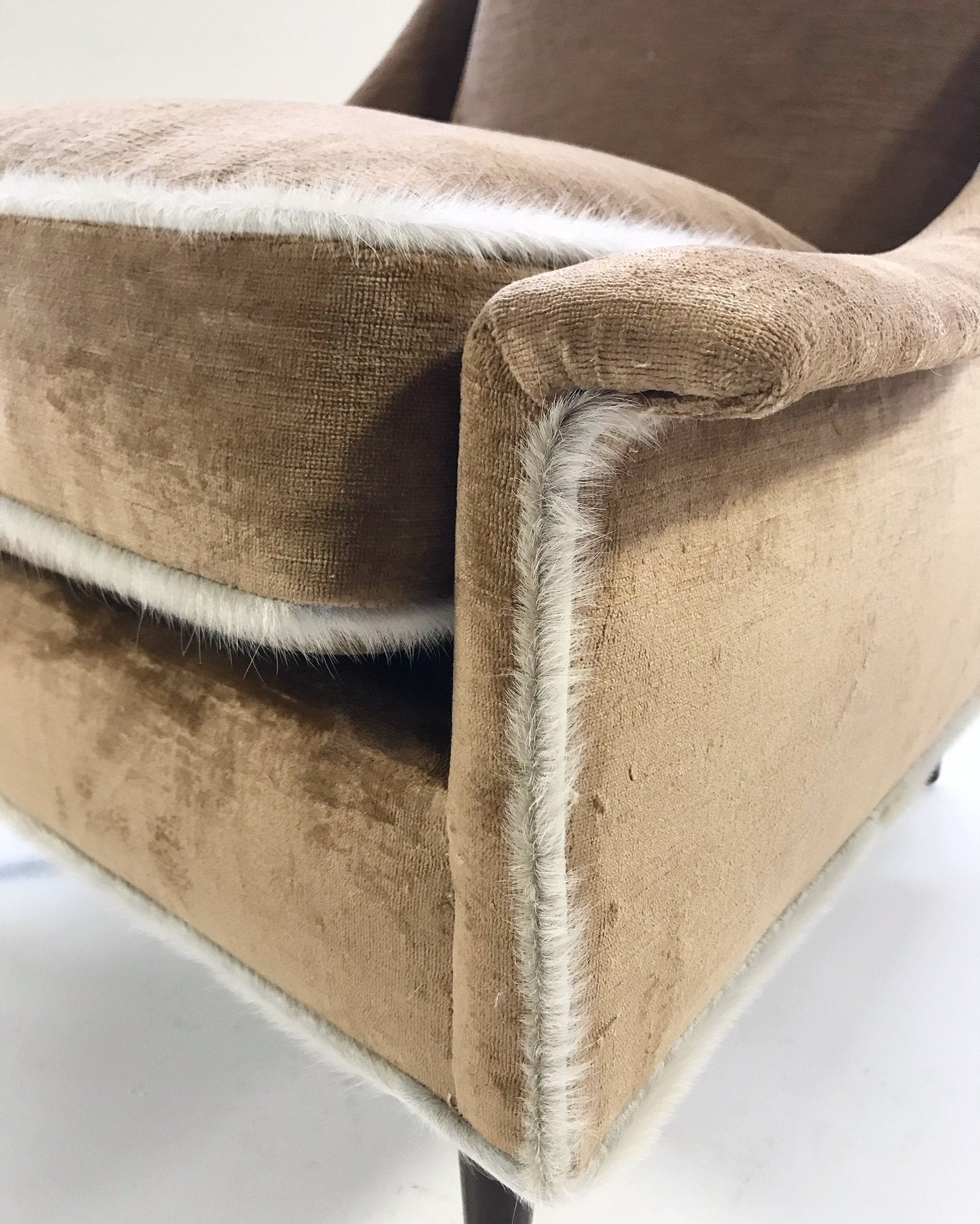 Milo Baughman Lounge Chair and Ottoman in Ralph Lauren Caramel Linen Velvet with Brazilian Cowhide Welting