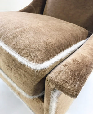 Milo Baughman Lounge Chair and Ottoman in Ralph Lauren Caramel Linen Velvet with Brazilian Cowhide Welting