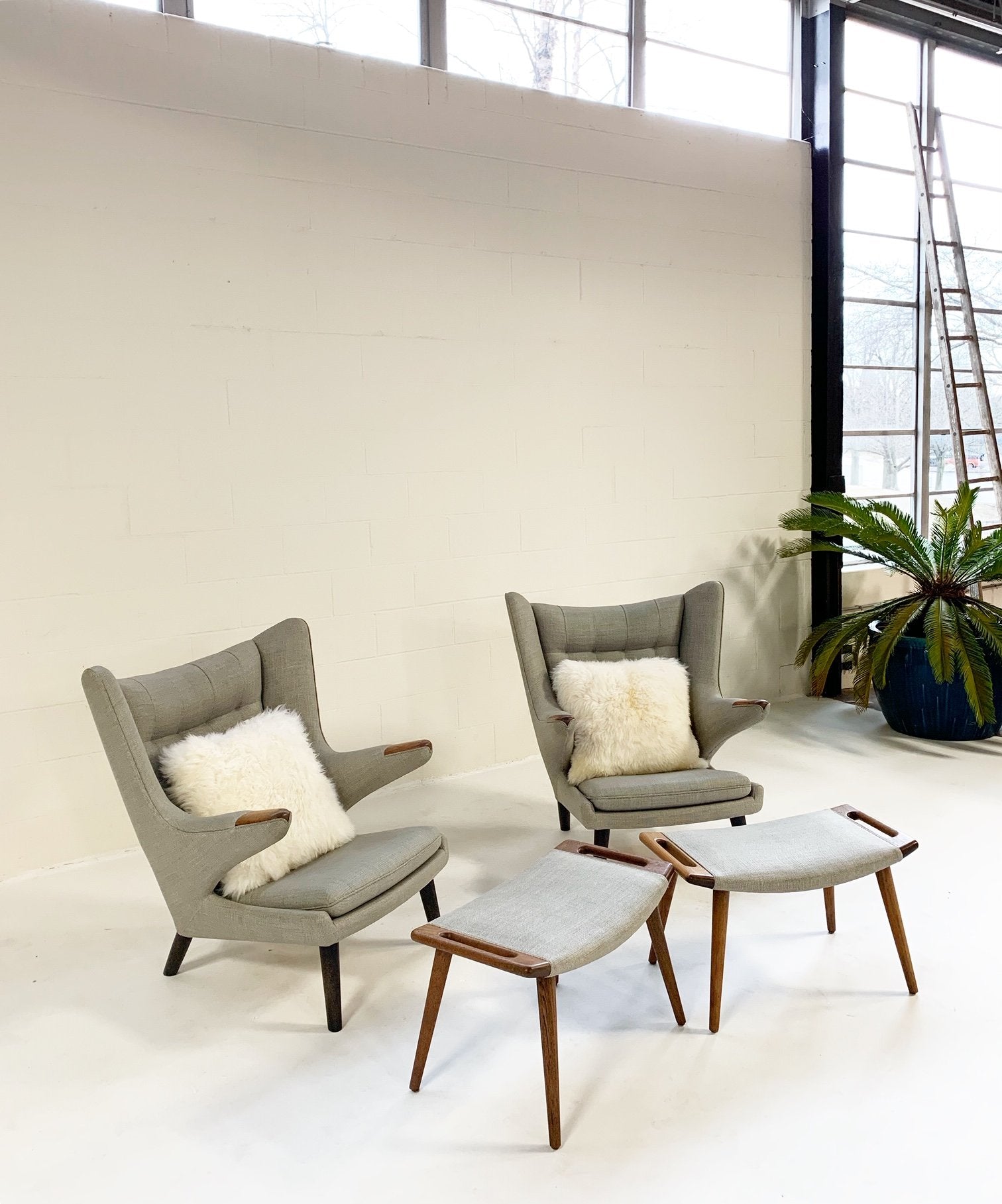 Important Pair of Hans Wegner for A.P. Stolen Papa Bear Chairs with Ottomans