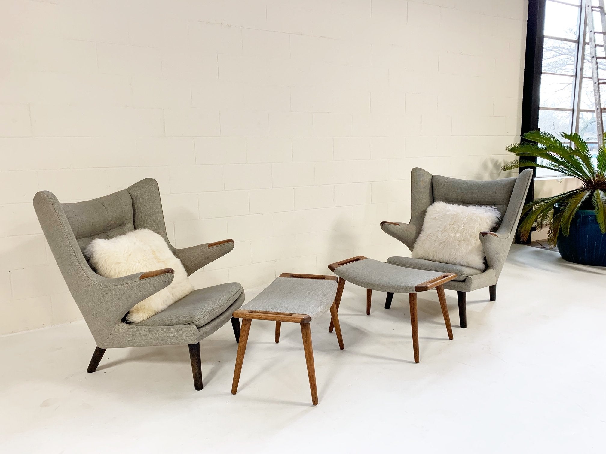 Important Pair of Hans Wegner for A.P. Stolen Papa Bear Chairs with Ottomans