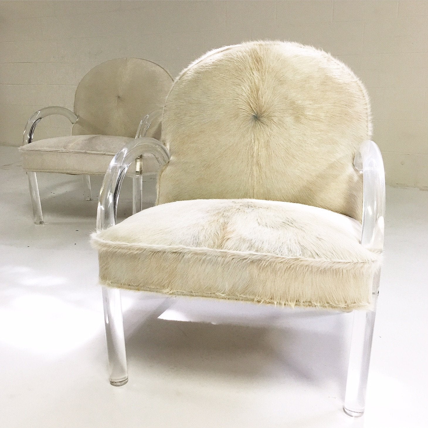 Charles Hollis Jones Lucite Armchairs in Ivory Brazilian Cowhide