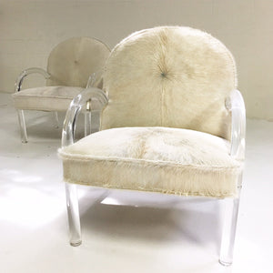 Charles Hollis Jones Lucite Armchairs in Ivory Brazilian Cowhide