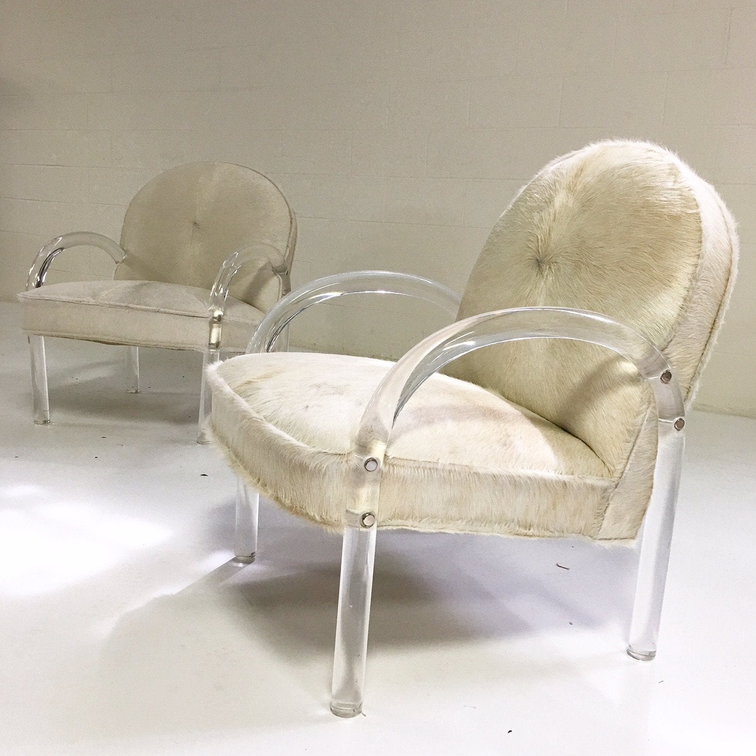 Charles Hollis Jones Lucite Armchairs in Ivory Brazilian Cowhide