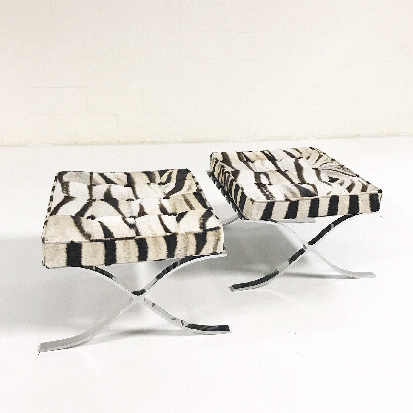Pair of Barcelona Style Ottomans in Patchwork Zebra Hide