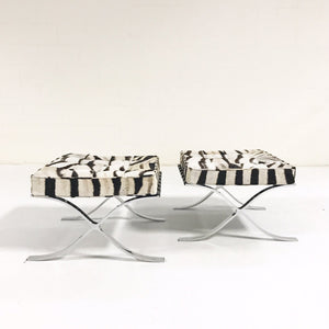 Pair of Barcelona Style Ottomans in Patchwork Zebra Hide