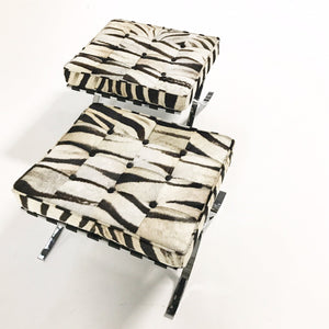 Pair of Barcelona Style Ottomans in Patchwork Zebra Hide