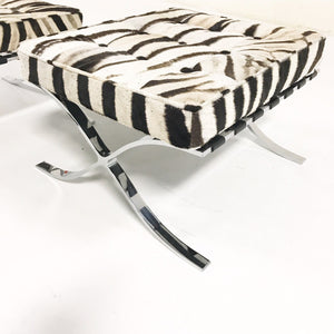 Pair of Barcelona Style Ottomans in Patchwork Zebra Hide