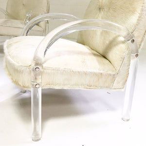 Charles Hollis Jones Lucite Armchairs in Ivory Brazilian Cowhide