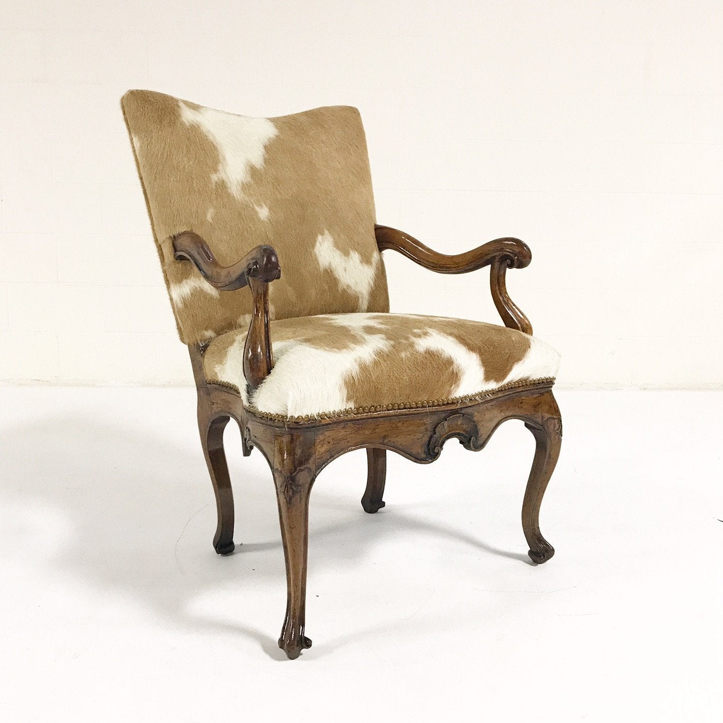Circa 1770 Italian Walnut Armchair in Brazilian Cowhide