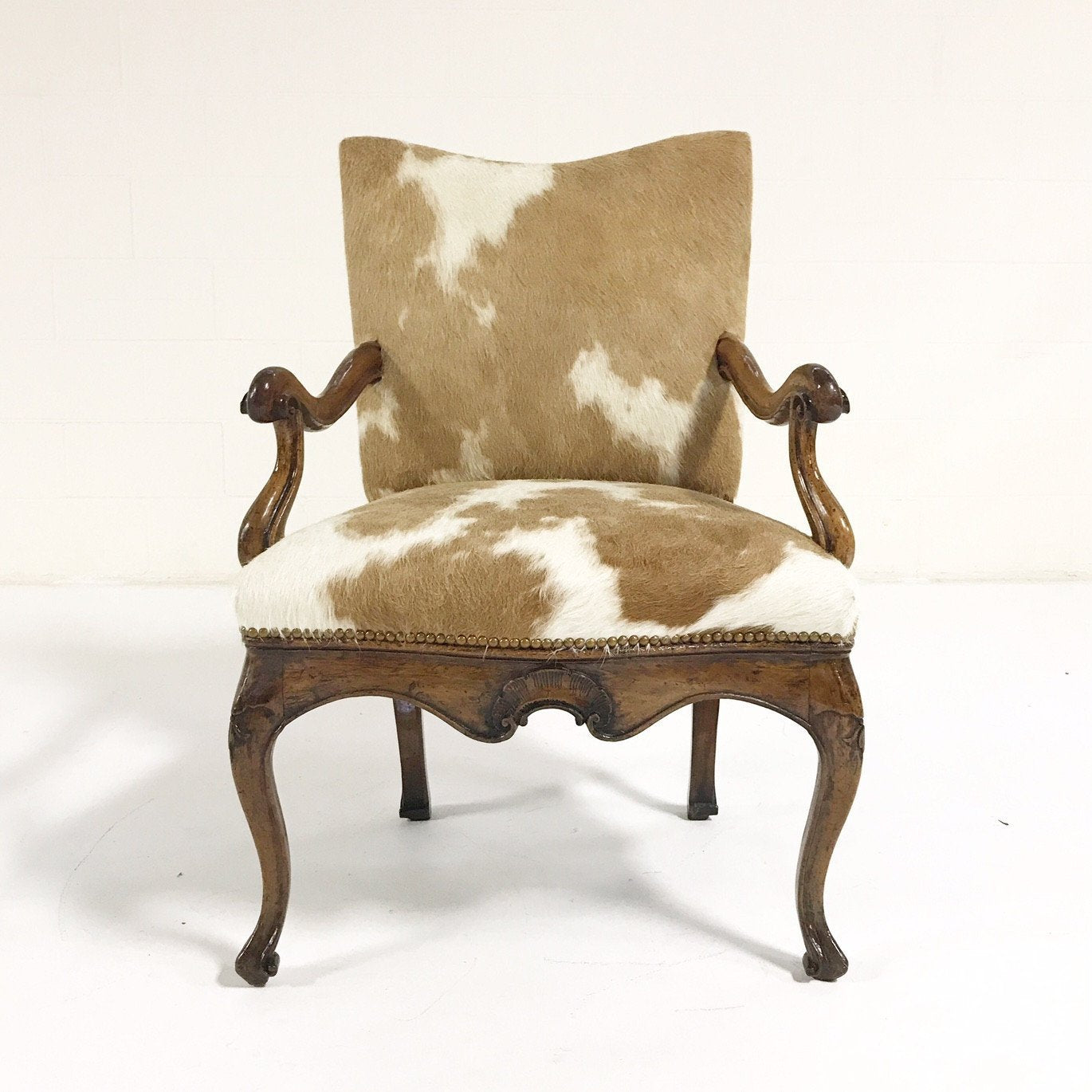 Circa 1770 Italian Walnut Armchair in Brazilian Cowhide