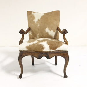 Circa 1770 Italian Walnut Armchair in Brazilian Cowhide