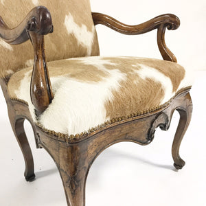 Circa 1770 Italian Walnut Armchair in Brazilian Cowhide