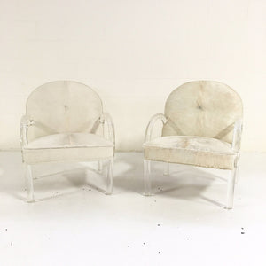 Charles Hollis Jones Lucite Armchairs in Ivory Brazilian Cowhide