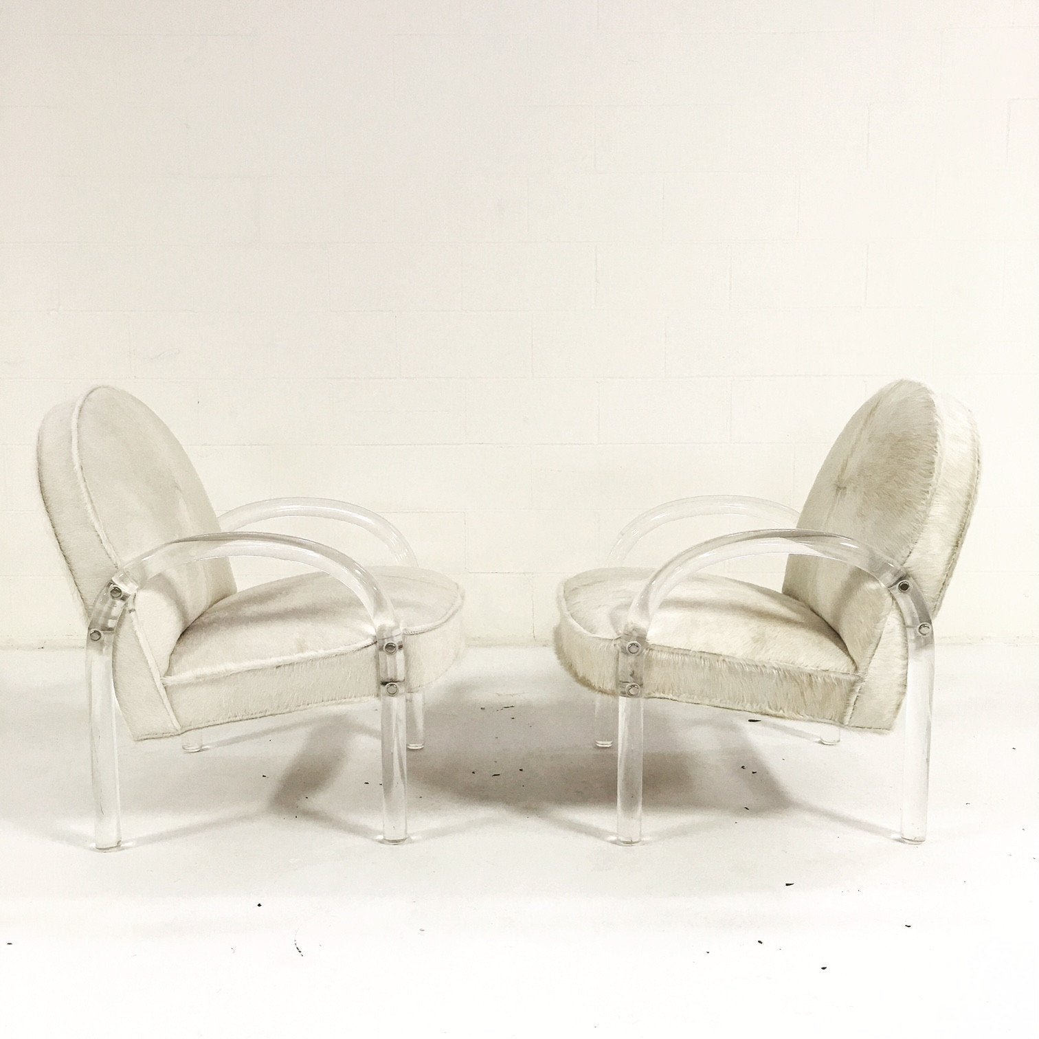 Charles Hollis Jones Lucite Armchairs in Ivory Brazilian Cowhide
