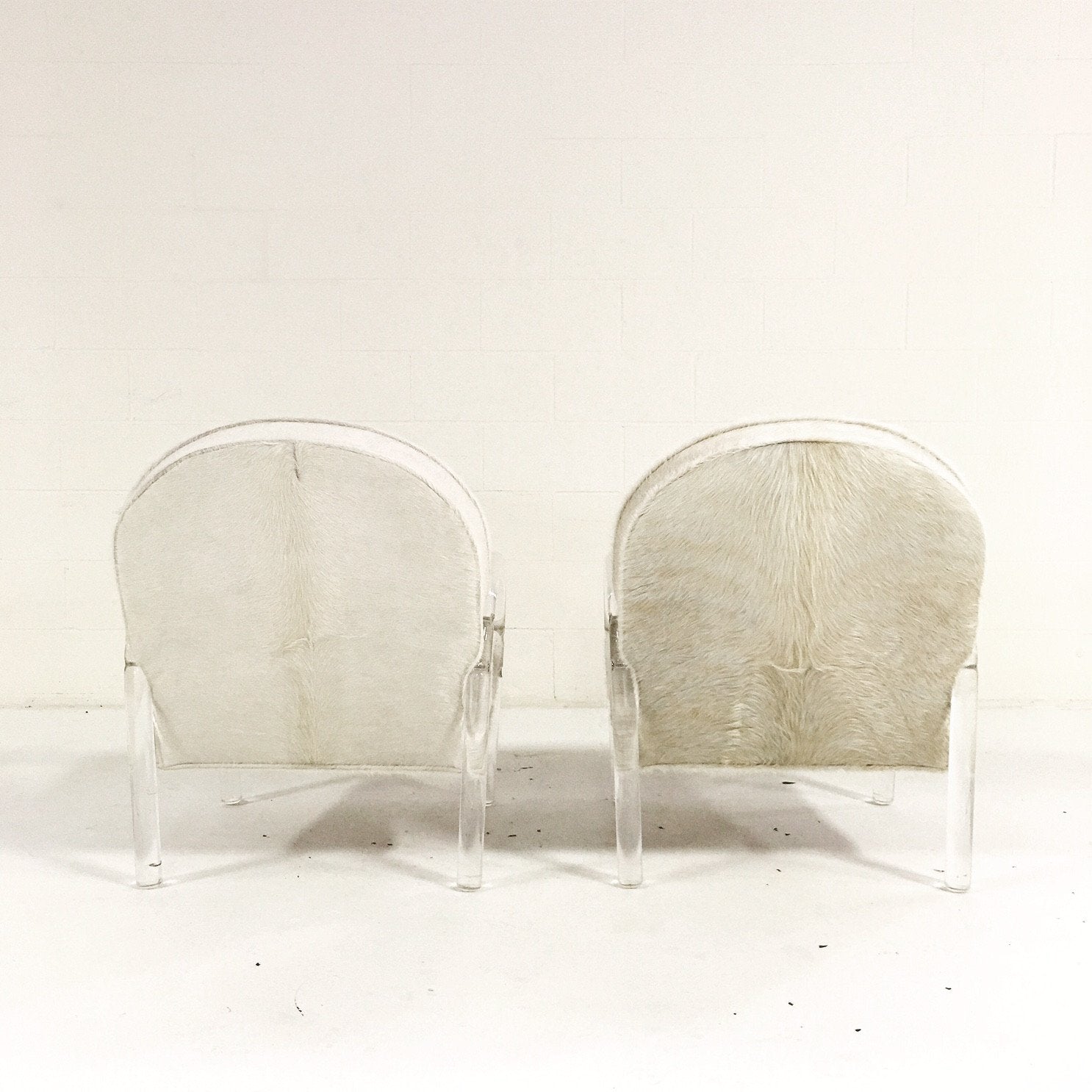 Charles Hollis Jones Lucite Armchairs in Ivory Brazilian Cowhide