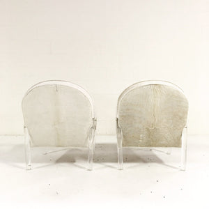 Charles Hollis Jones Lucite Armchairs in Ivory Brazilian Cowhide