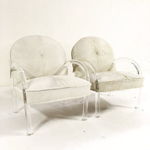 Charles Hollis Jones Lucite Armchairs in Ivory Brazilian Cowhide