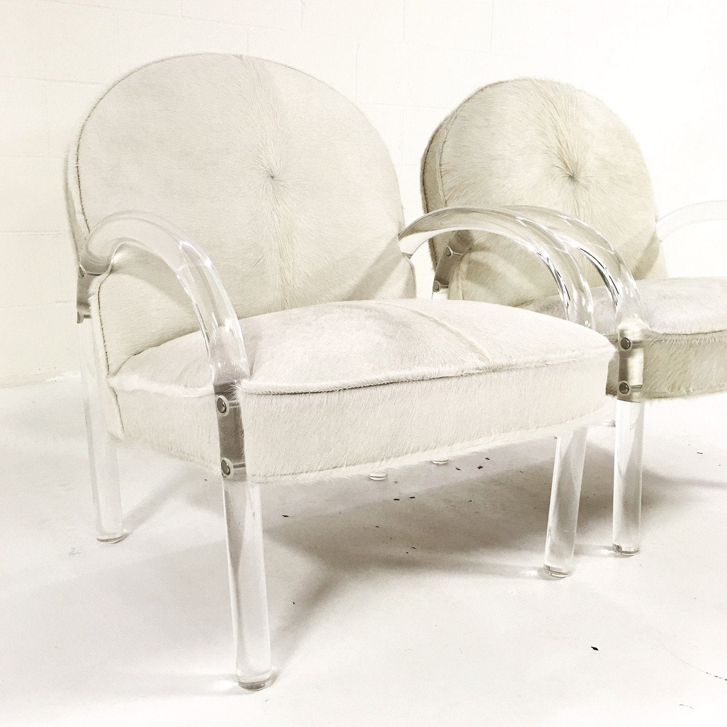 Charles Hollis Jones Lucite Armchairs in Ivory Brazilian Cowhide
