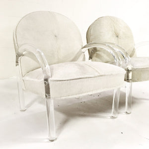 Charles Hollis Jones Lucite Armchairs in Ivory Brazilian Cowhide