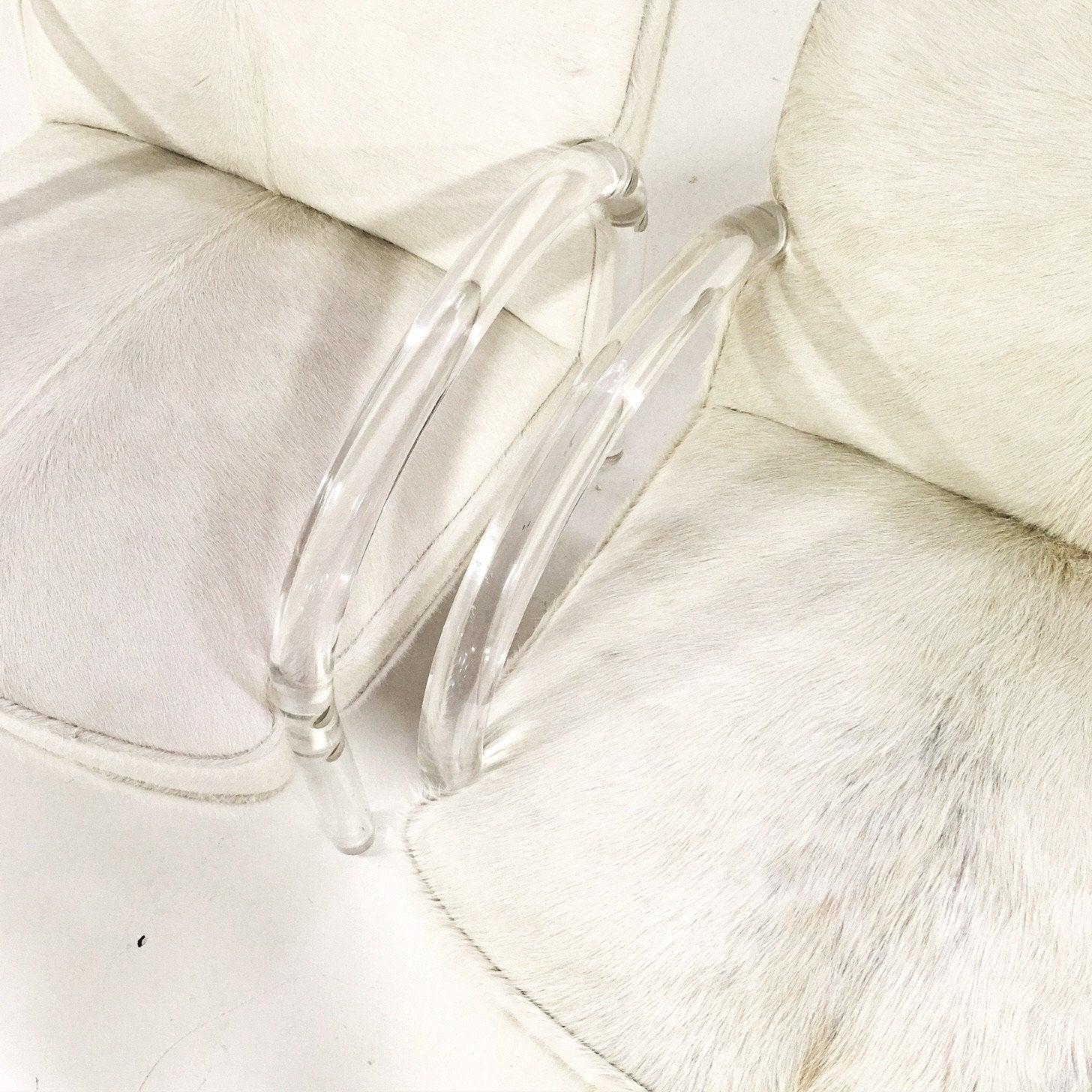 Charles Hollis Jones Lucite Armchairs in Ivory Brazilian Cowhide