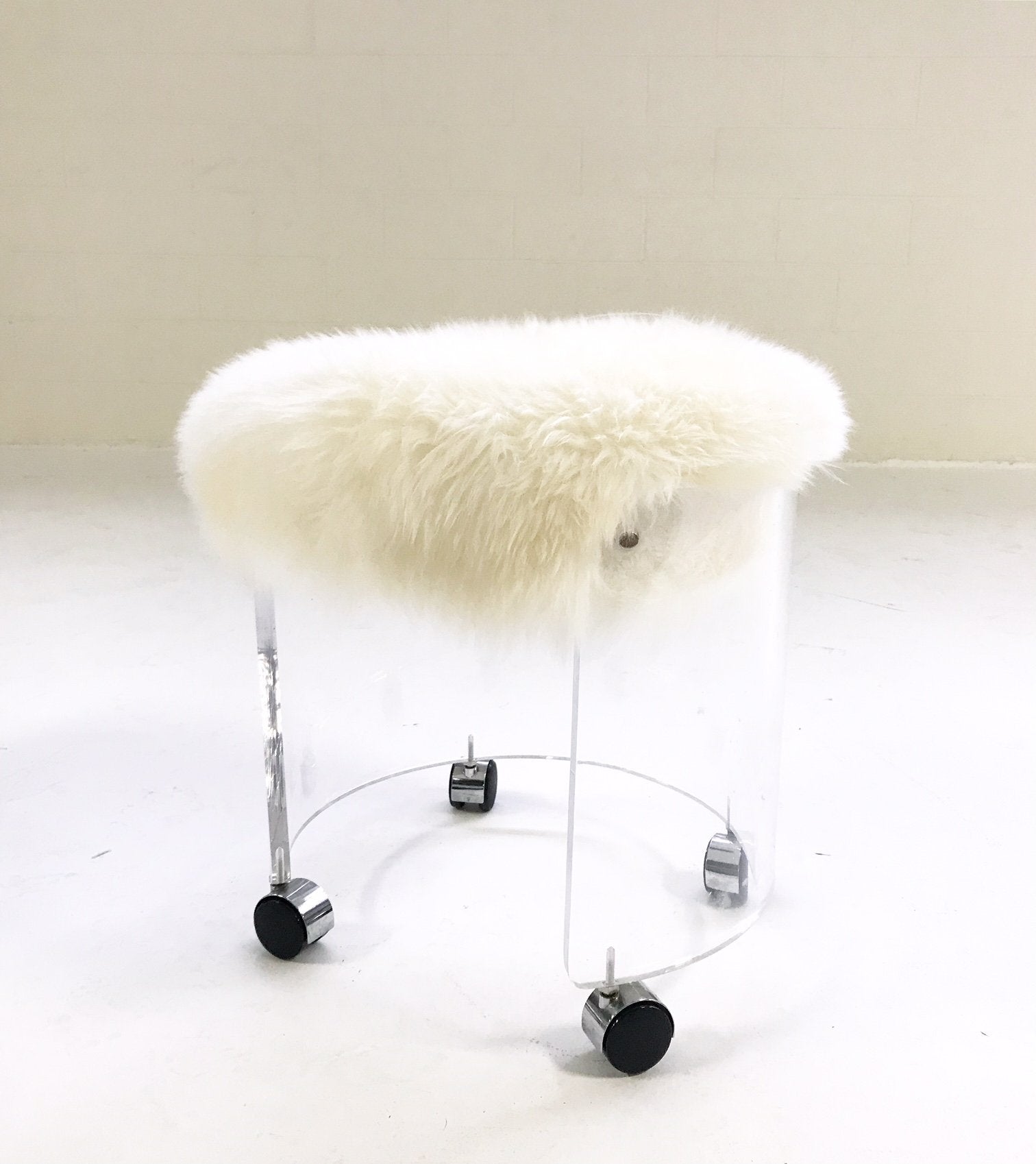 Round Lucite Stool Bench Ottoman in Sheepskin