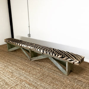 EXTRA LONG VINTAGE FARMHOUSE BENCH WITH ZEBRA CUSHION