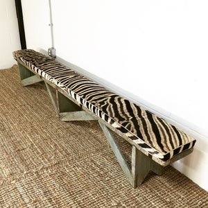 EXTRA LONG VINTAGE FARMHOUSE BENCH WITH ZEBRA CUSHION
