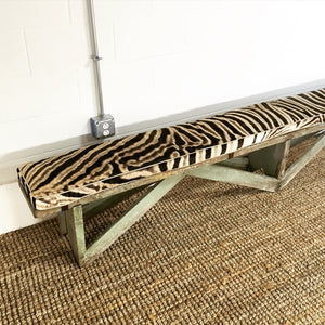 EXTRA LONG VINTAGE FARMHOUSE BENCH WITH ZEBRA CUSHION
