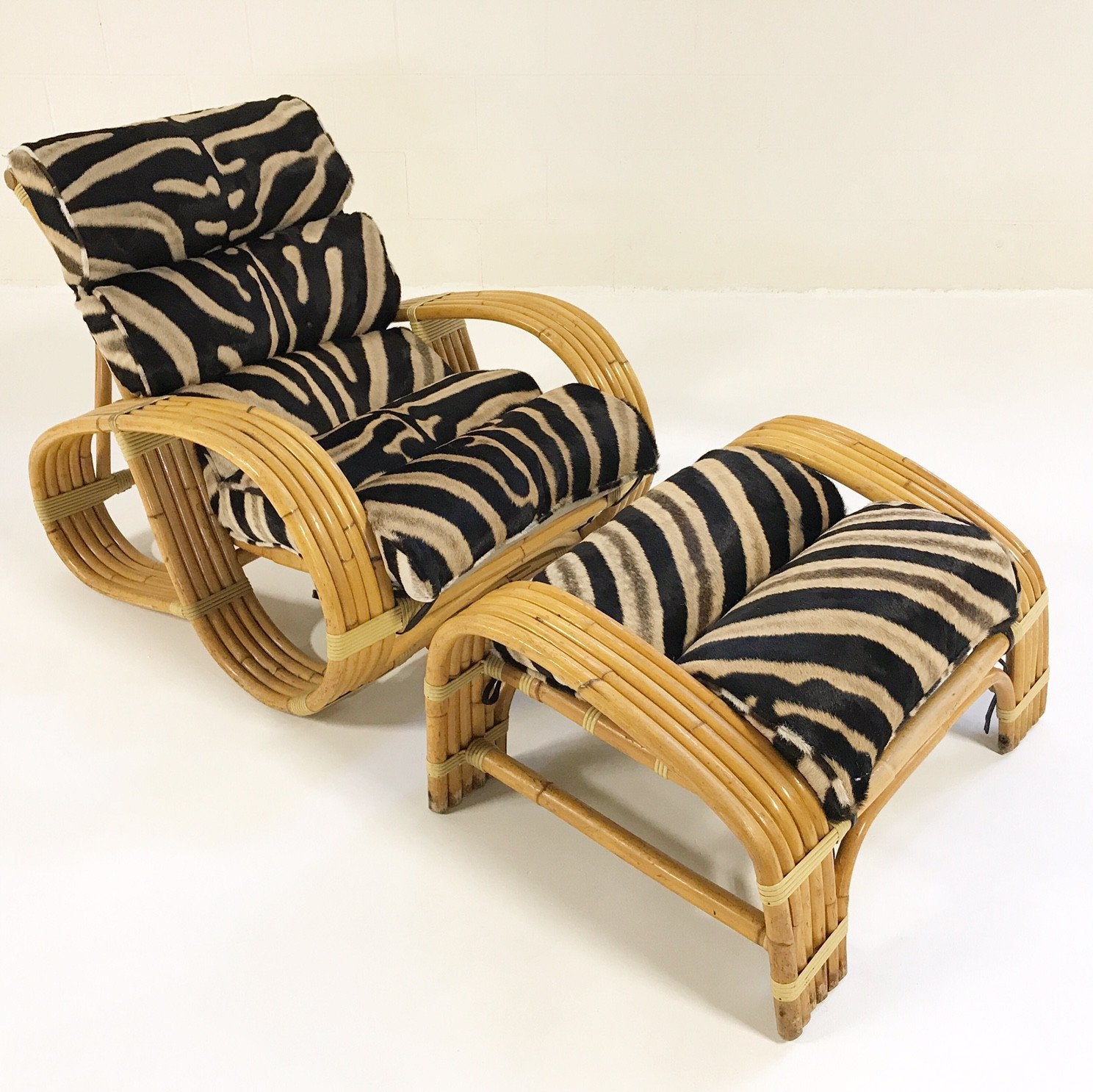 Five-Strand Rattan Lounge Chair & Ottoman with Zebra Hide Cushions